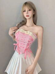 'Cream Pudding' Pink Lace-Up Bowtie Tube Top