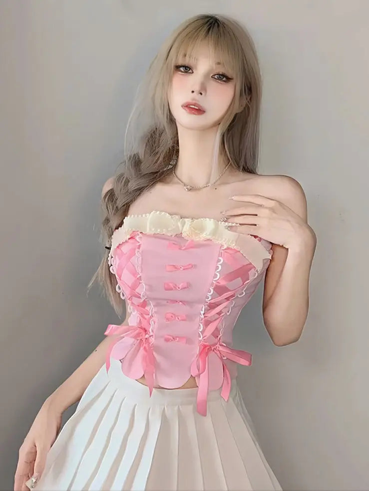 'Cream Pudding' Pink Lace-Up Bowtie Tube Top