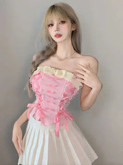 'Cream Pudding' Pink Lace-Up Bowtie Tube Top