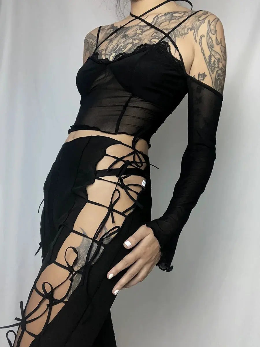 'Curiosity' Goth Lace-Up Bell Pants