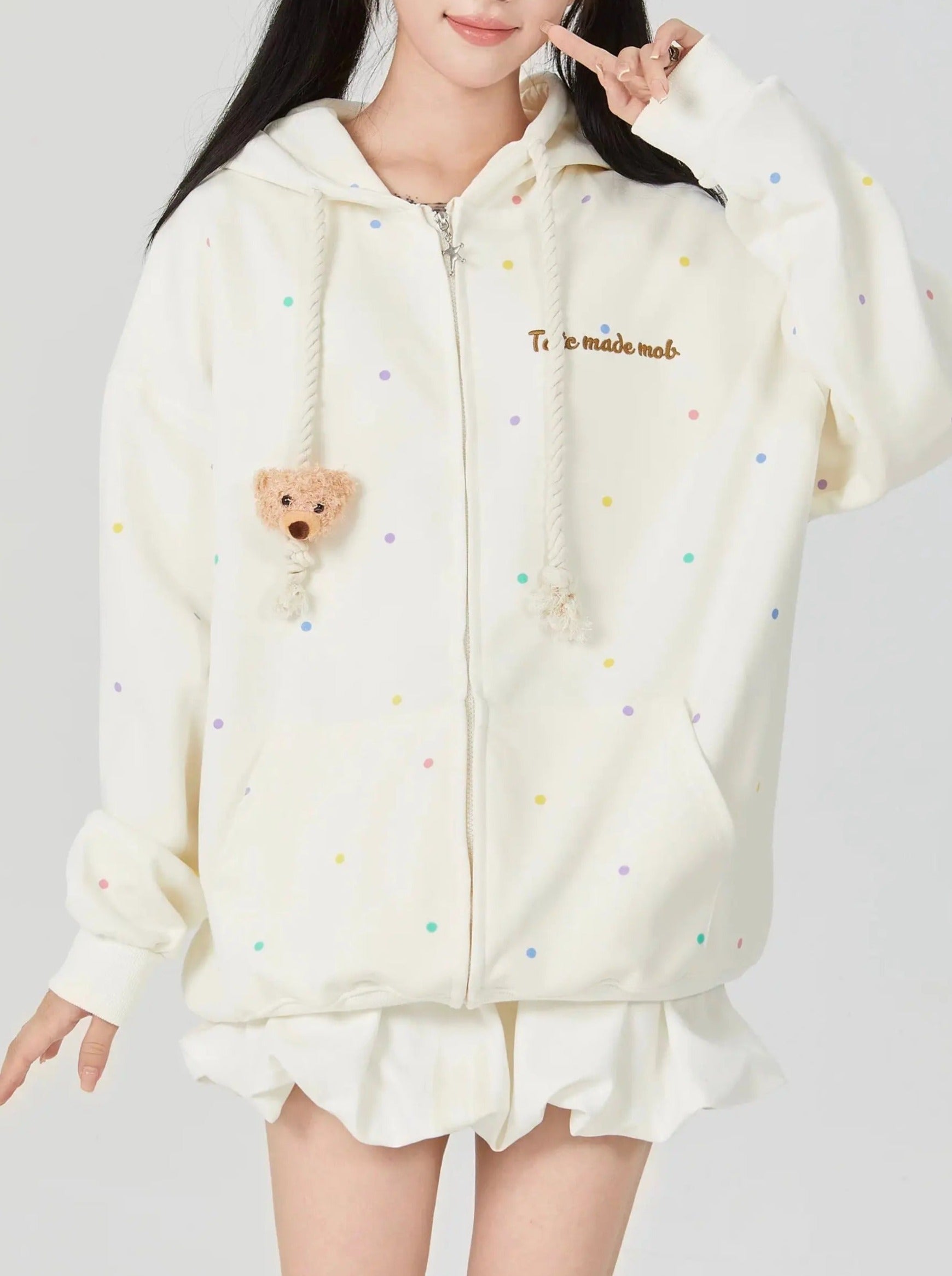 'Cutie Bear' Oversized Stuffed Bear Dot Hoodie Jacket