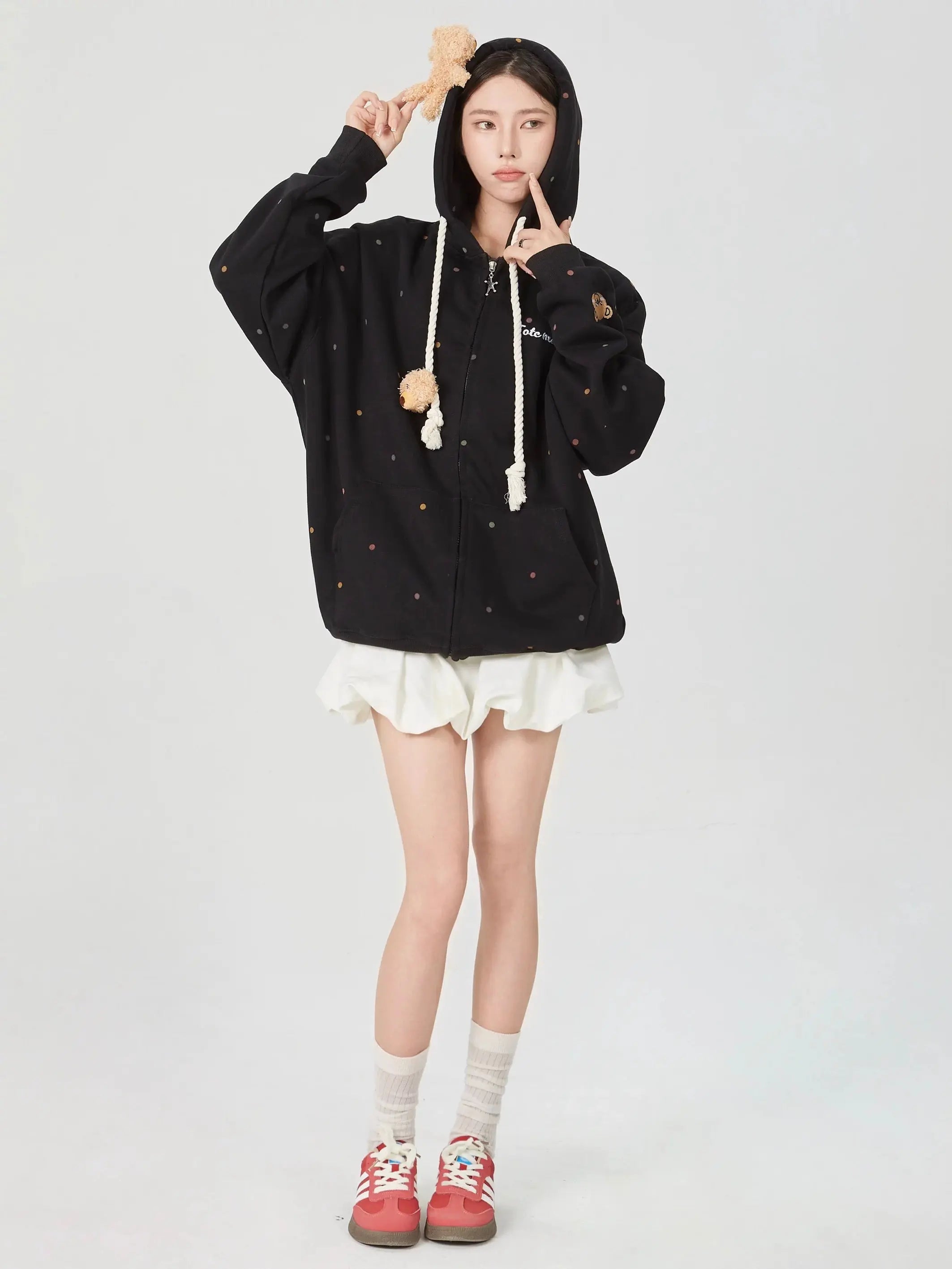 'Cutie Bear' Oversized Stuffed Bear Dot Hoodie Jacket