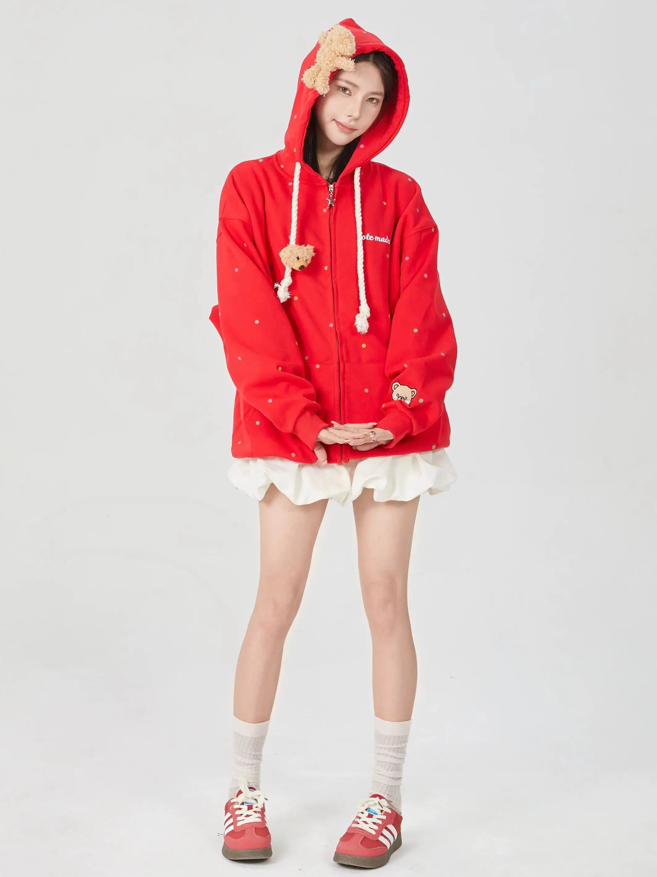 'Cutie Bear' Oversized Stuffed Bear Dot Hoodie Jacket