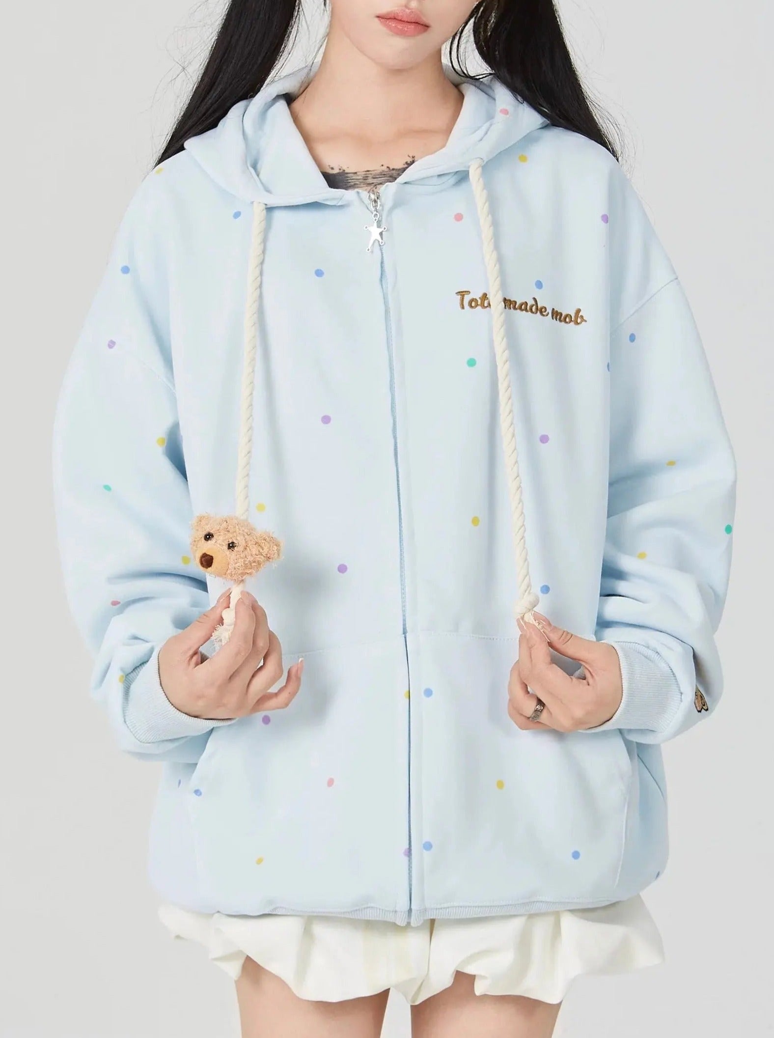 'Cutie Bear' Oversized Stuffed Bear Dot Hoodie Jacket