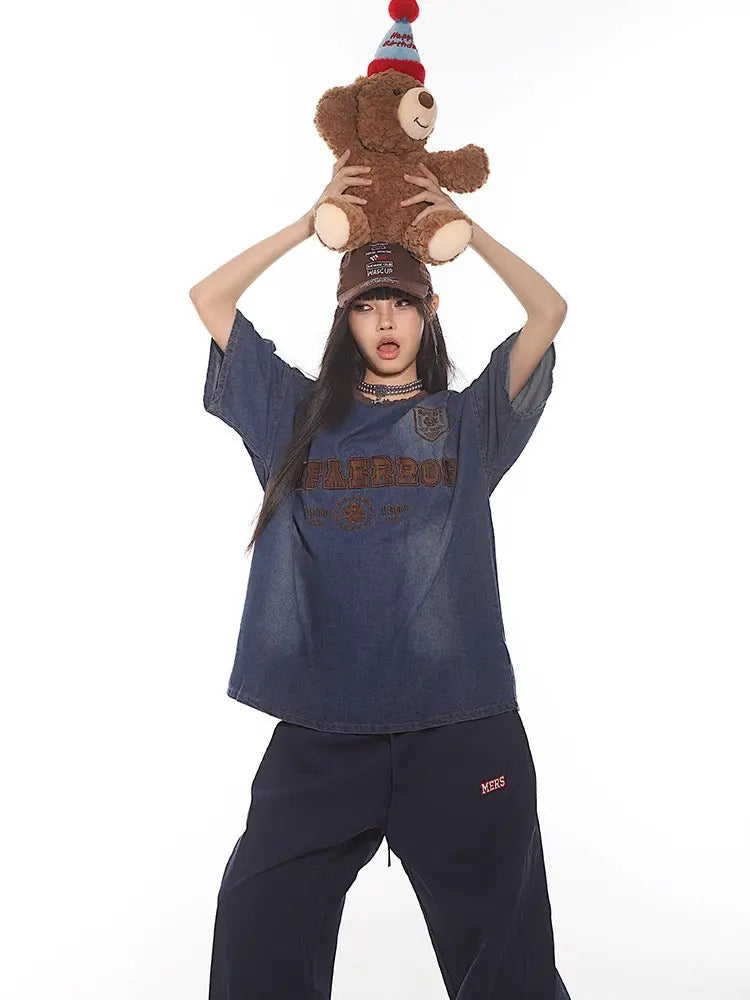 'Denim Bear' Street Distressed  style Oversized T Shirts