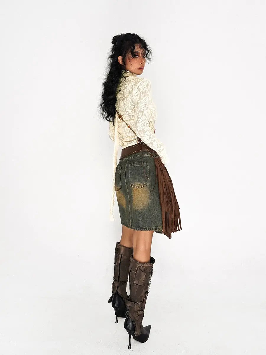 'Desert Trip' Wasteland Punk Denim Distressed Mid Thigh Skirt