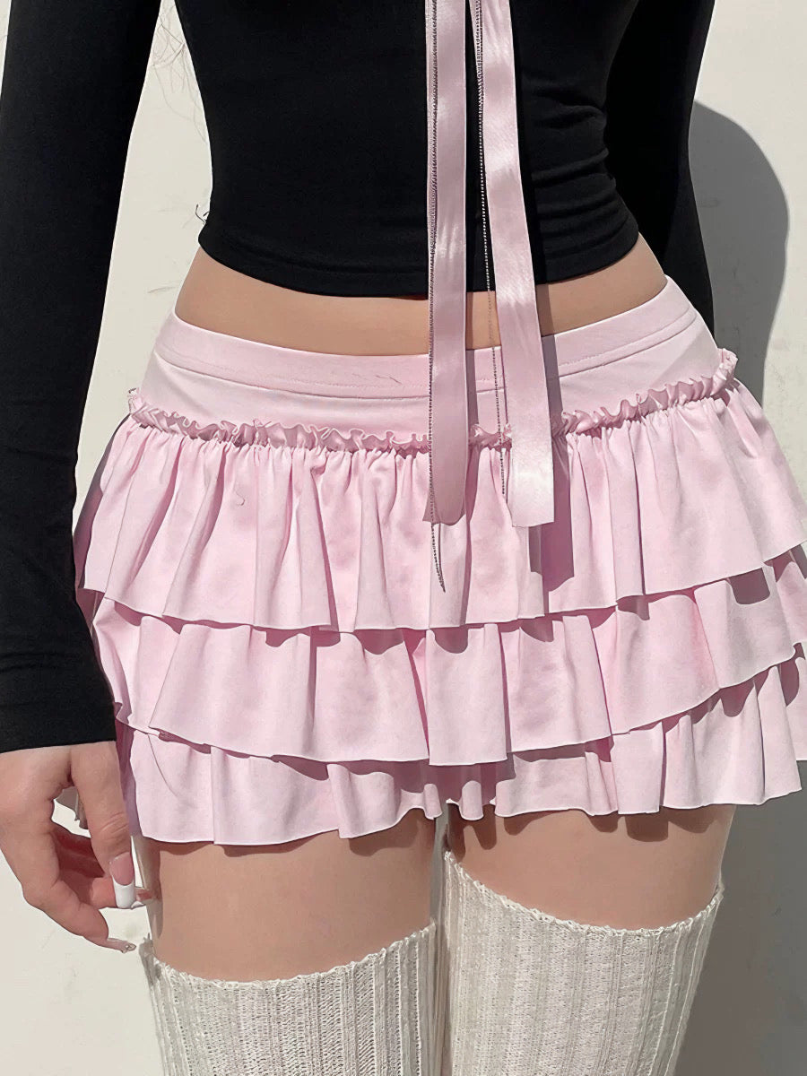 'Desserts' Coquette Ribbon Pink Ruffled Mini Skort