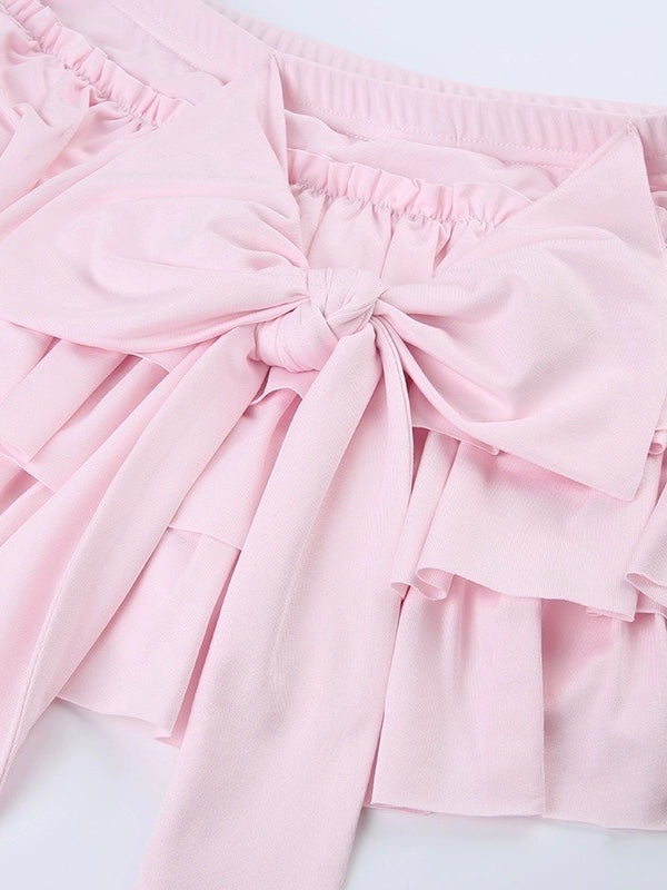 'Desserts' Coquette Ribbon Pink Ruffled Mini Skort