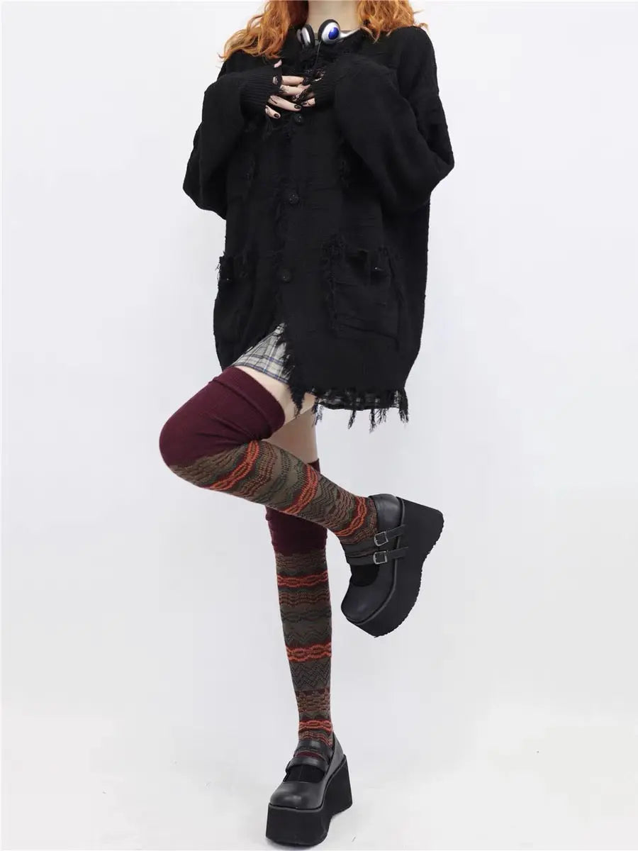 'Dim Lights' Grunge Striped Long Socks