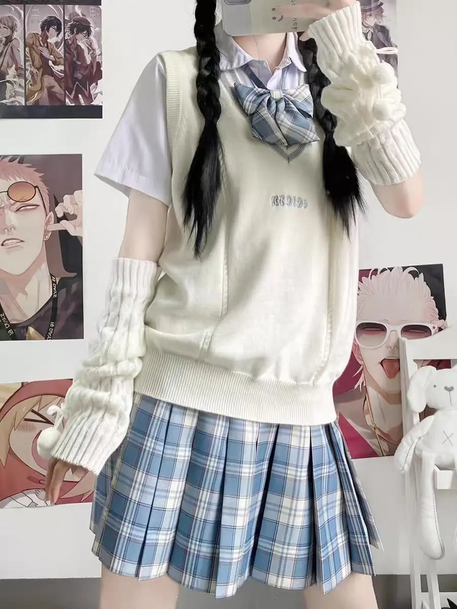 'Dolly' E-girl White Knitting Pompoms Gloves