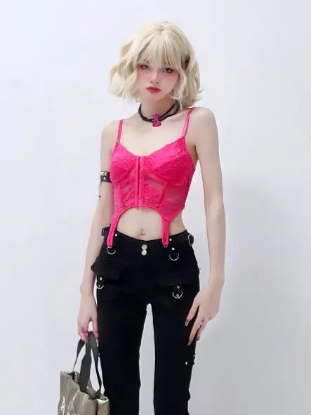 'DragonFruit' Pink Lace Suspender Cami Top