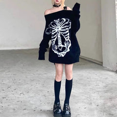 'Flower Bone' Dark Pattern Shoulder Off Oversized Sweater