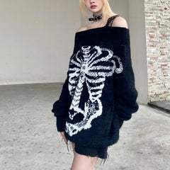 'Flower Bone' Dark Pattern Shoulder Off Oversized Sweater