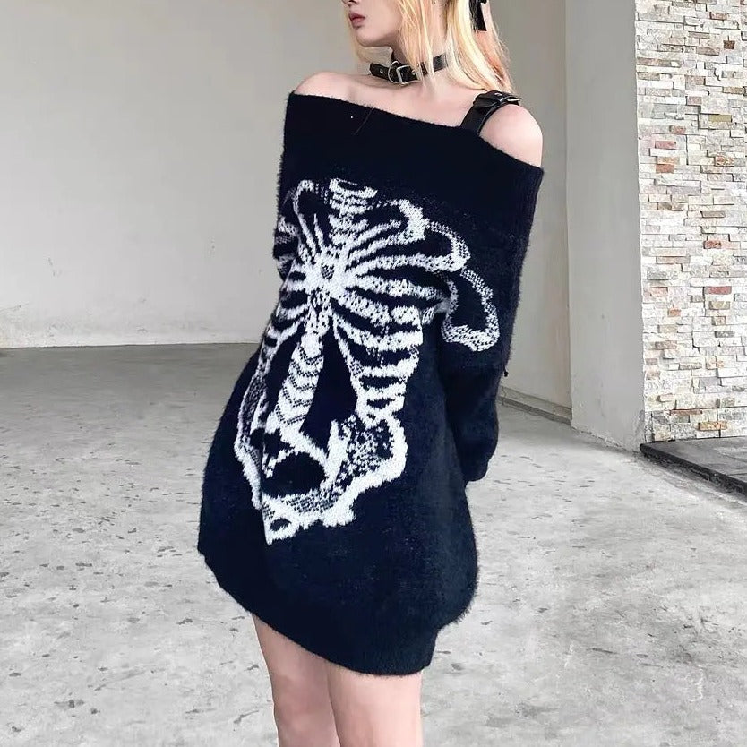 'Flower Bone' Dark Pattern Shoulder Off Oversized Sweater