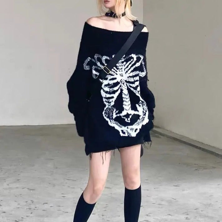 'Flower Bone' Dark Pattern Shoulder Off Oversized Sweater