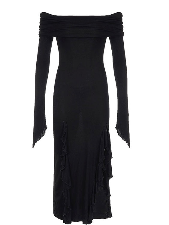 'Flower' Dark Black Chiffon Tassel Strap Dress