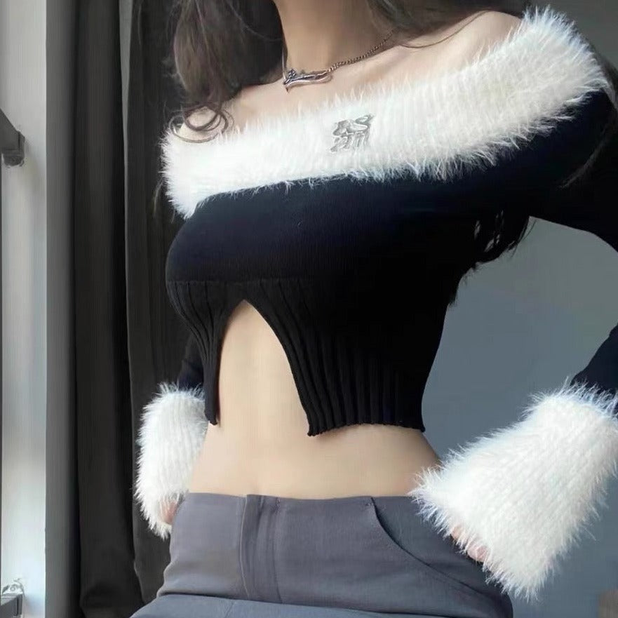 'Frosting' Black & White Fluffy Crop Top