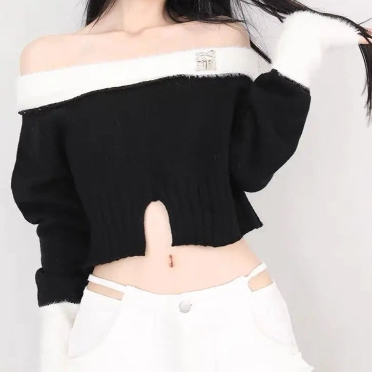 'Frosting' Black & White Fluffy Crop Top