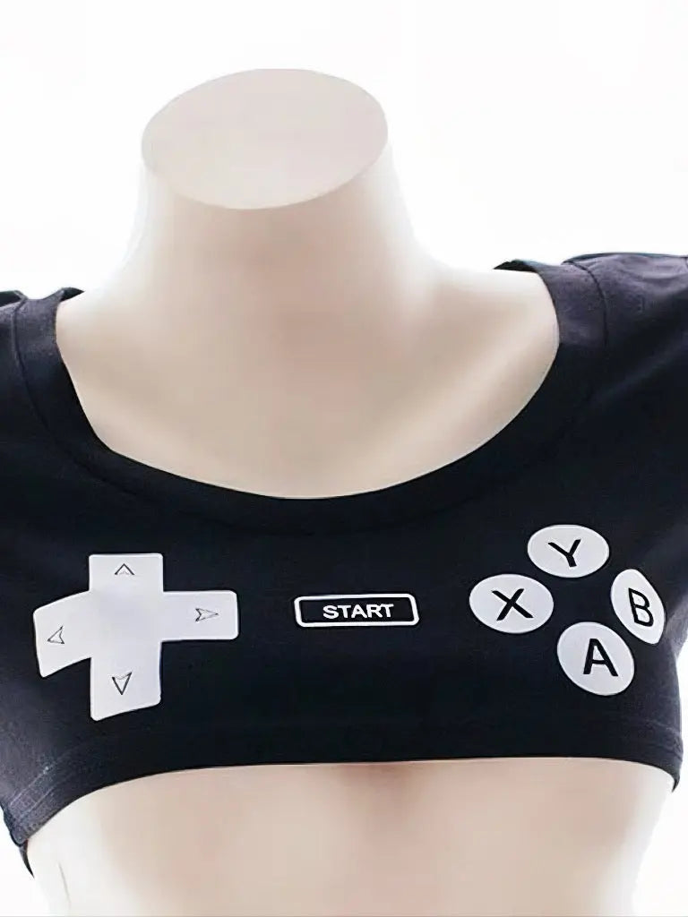 'Gamer Gf' Black Gamer Handheld Pattern Crop Shirts