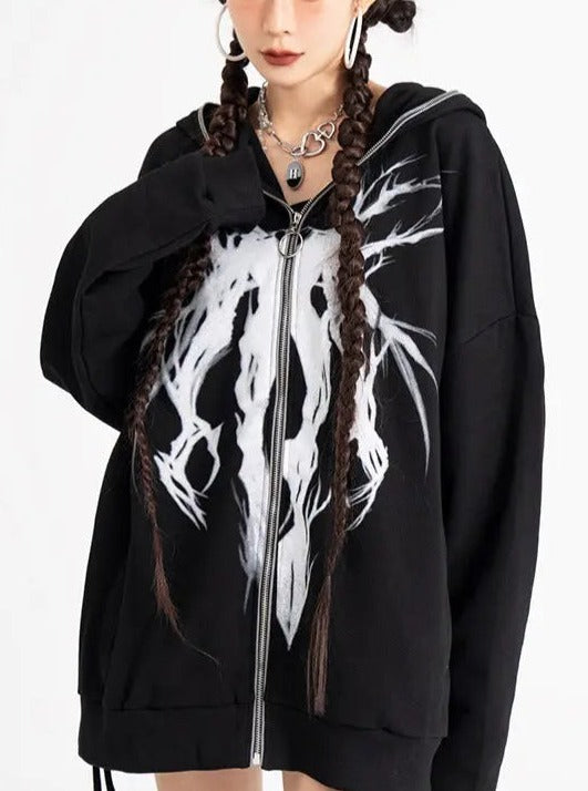 'Ghost Tree' Punk Drawstring Zip Hoodie