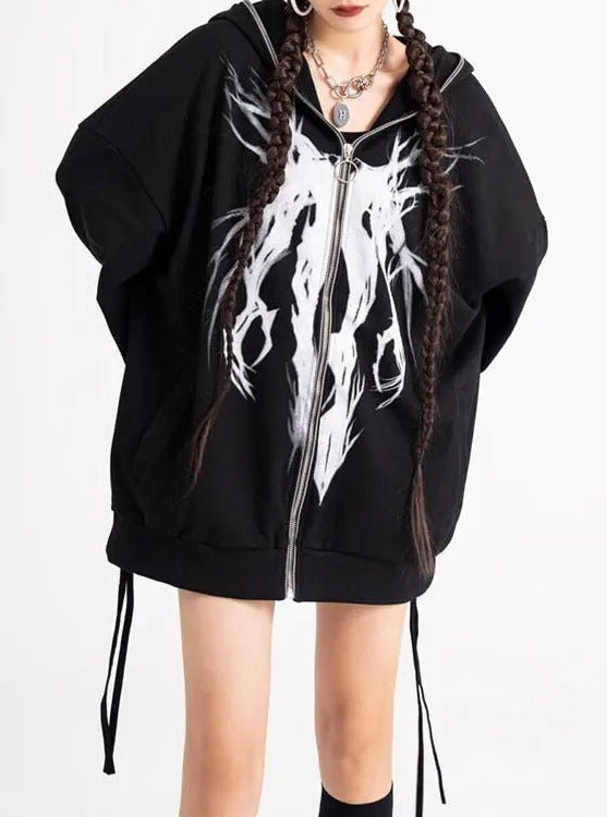 'Ghost Tree' Punk Drawstring Zip Hoodie