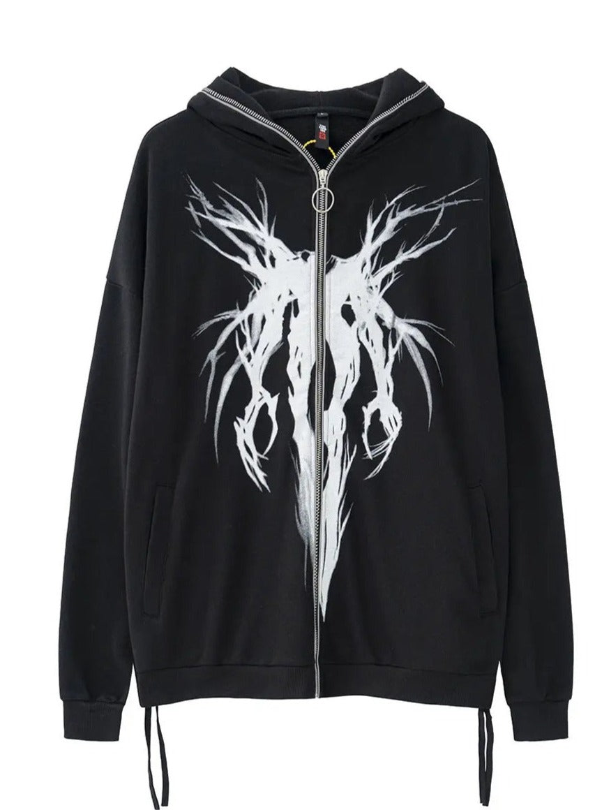 'Ghost Tree' Punk Drawstring Zip Hoodie