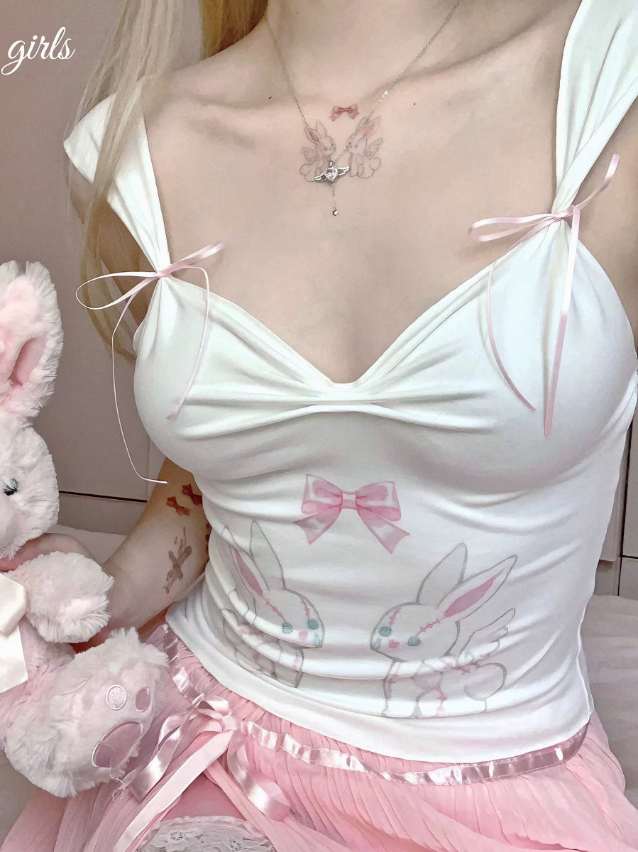 'Girly' Coquette Ribbon Pink Bunny Cami Top