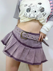 'Grape Soda' Low Waist Denim Beads Lace-Up Skorts