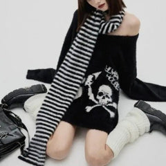 'Horror House' Dark Skull Scarf Striped Sweater