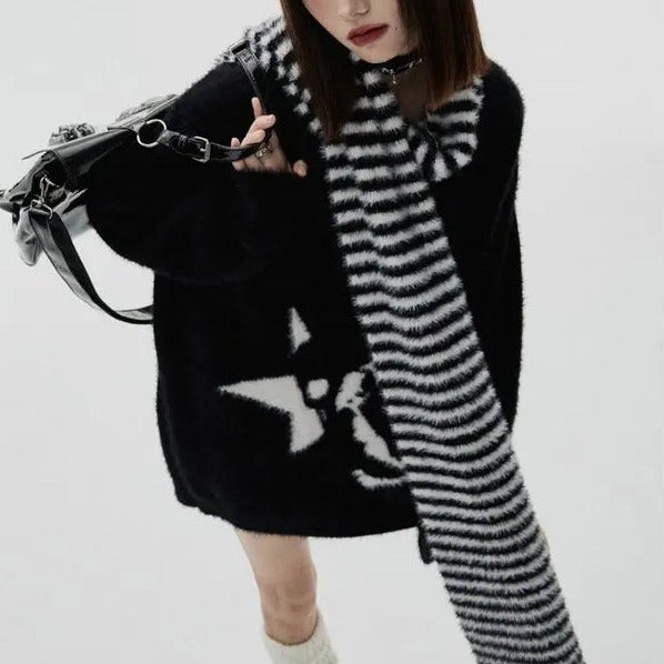 'Horror House' Dark Skull Scarf Striped Sweater