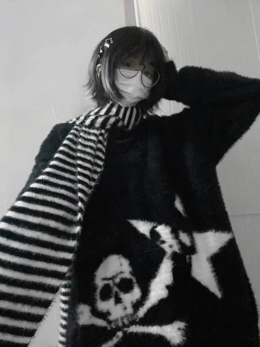 'Horror House' Dark Skull Scarf Striped Sweater