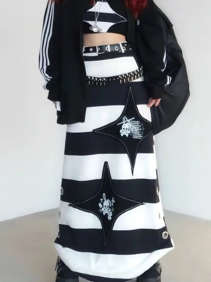 'Hotot' Harajuku Punk Black White Midi Skirt