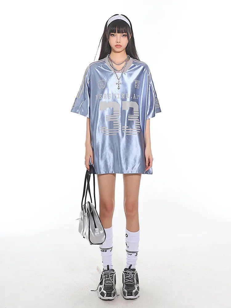 'Ice Mints' Streetstyle Blokecore Soft Blue Silky Oversized Shirts