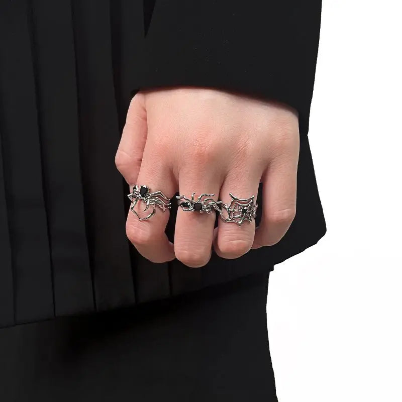 'Instinctions' Adjustable Silver Spider Rings Set