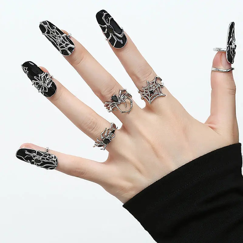 'Instinctions' Adjustable Silver Spider Rings Set