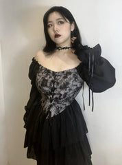 'Into the Black' Goth Chiffon Tie Dye Corset Dress