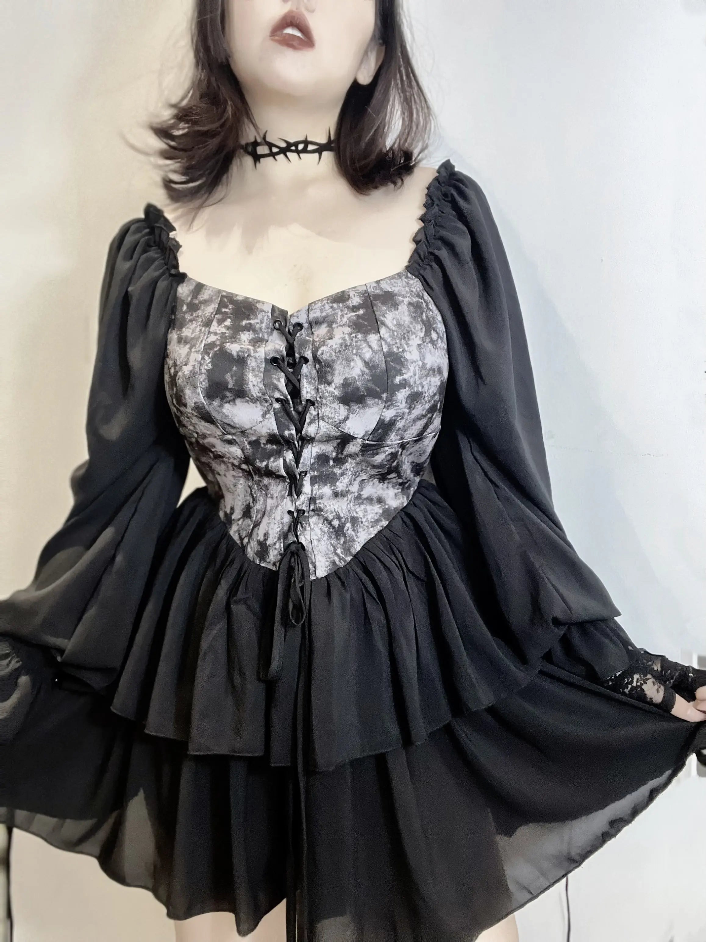 'Into the Black' Goth Chiffon Tie Dye Corset Dress