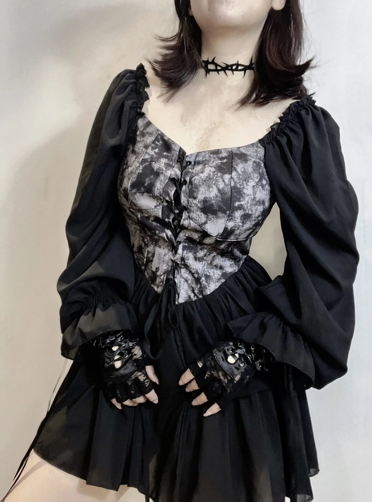 'Into the Black' Goth Chiffon Tie Dye Corset Dress