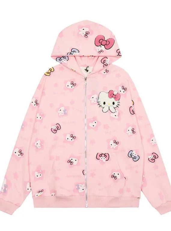 'Kittyy Gurl' Kawaii Zipped Oversized  Hoodie