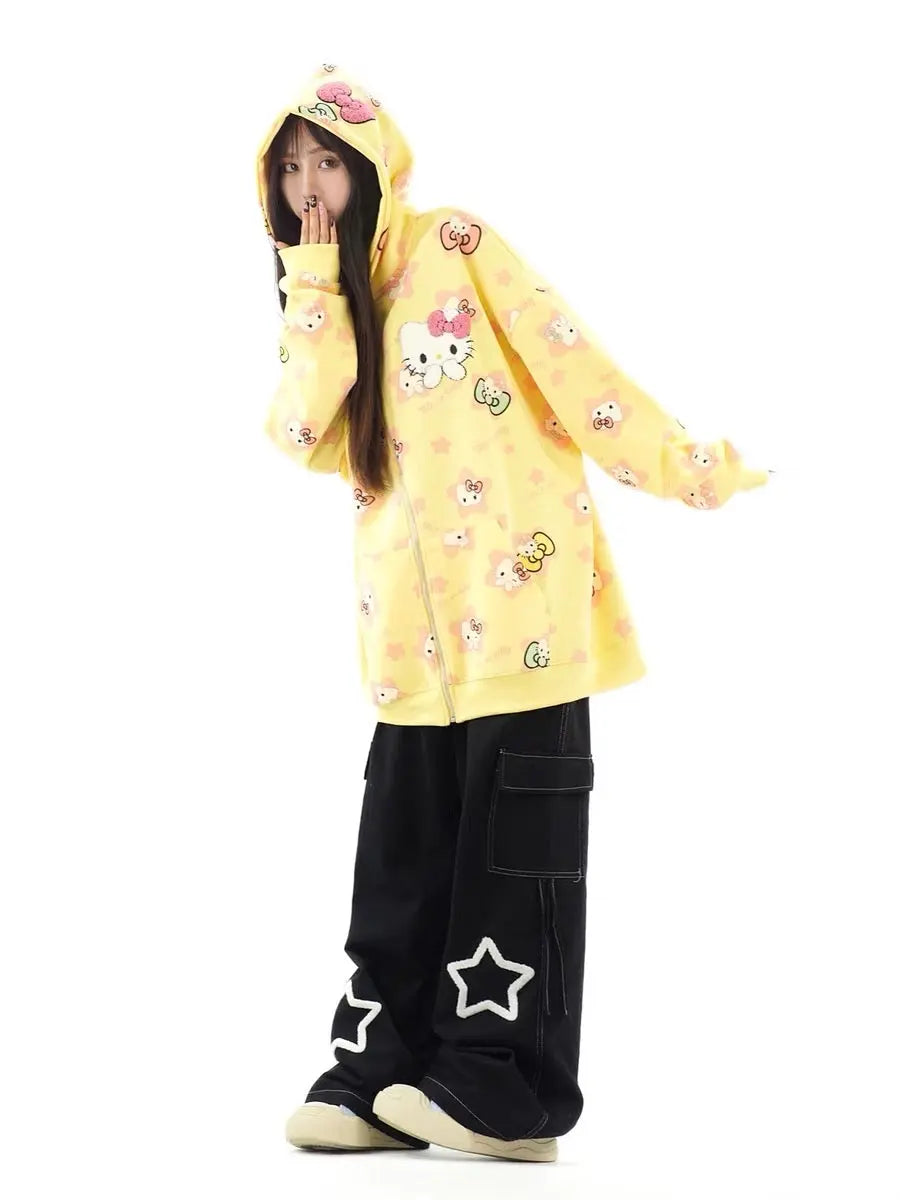 'Kittyy Gurl' Kawaii Zipped Oversized  Hoodie