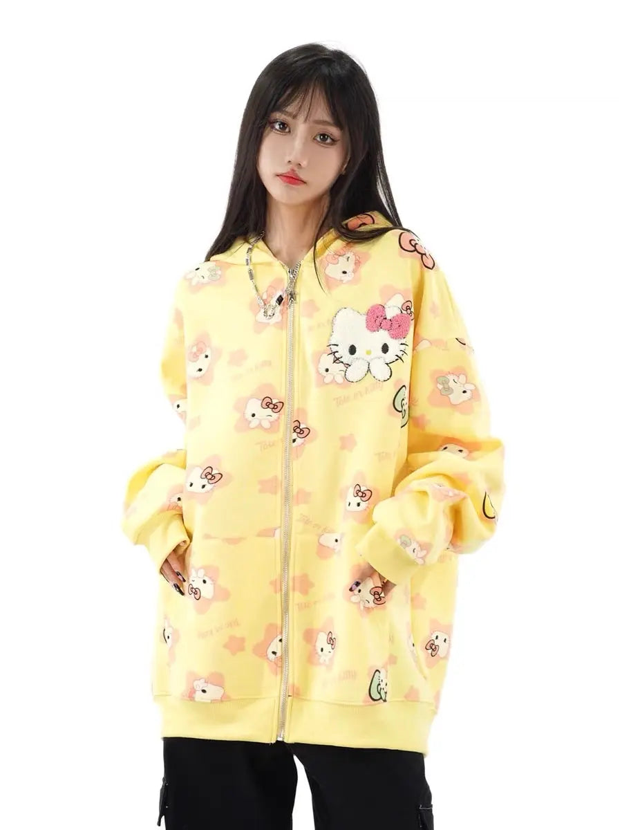 'Kittyy Gurl' Kawaii Zipped Oversized  Hoodie