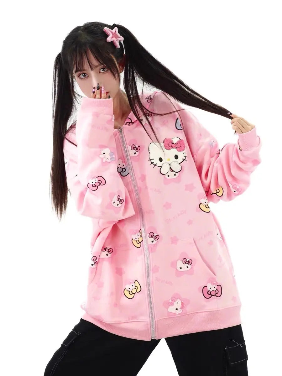 'Kittyy Gurl' Kawaii Zipped Oversized  Hoodie