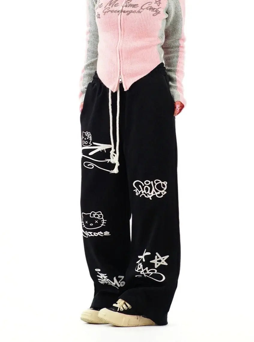 'dodgeball' Kawaii Oversized Kitty Drawstring Pants