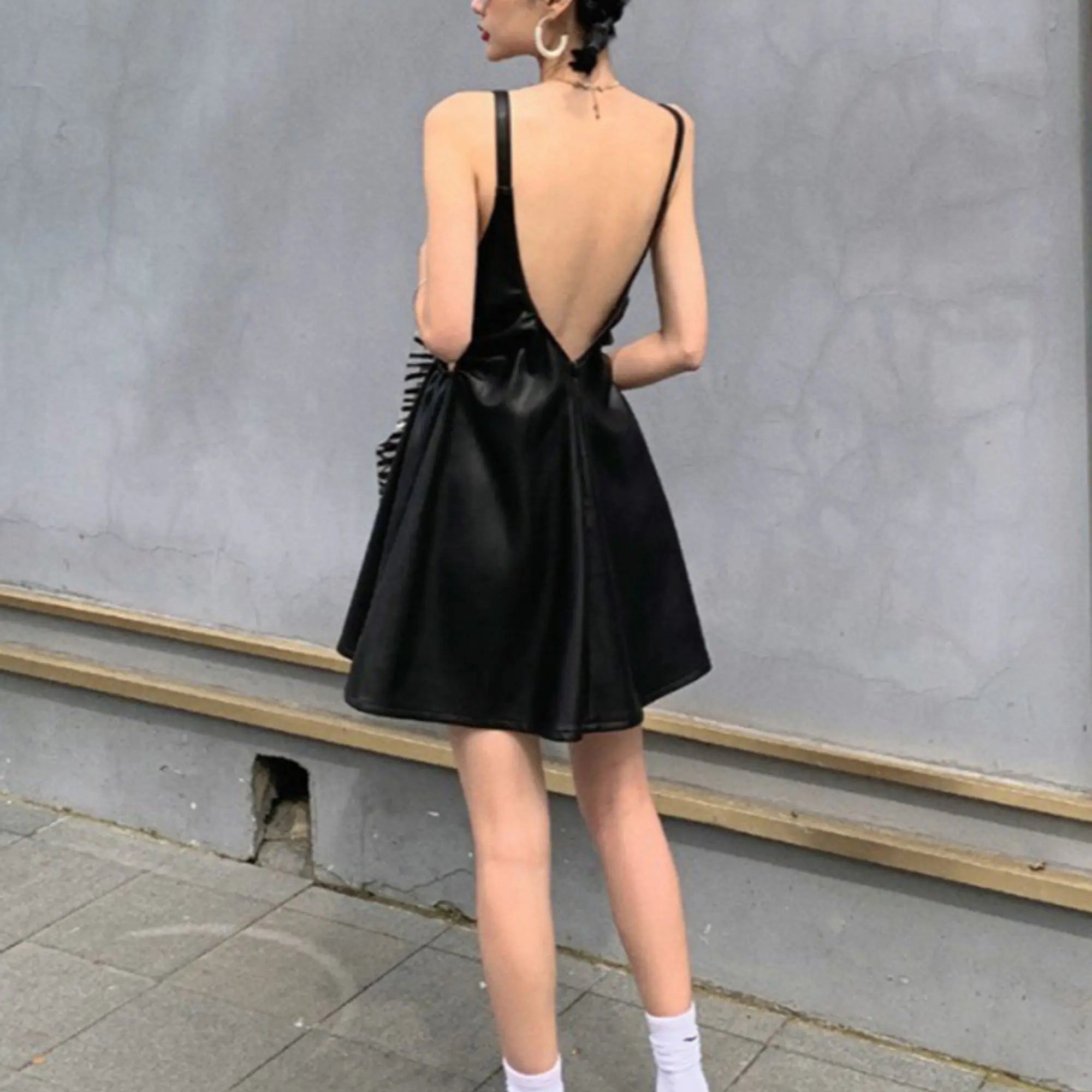 'Lash Up' PU Leather Hollow Out Backless Dress