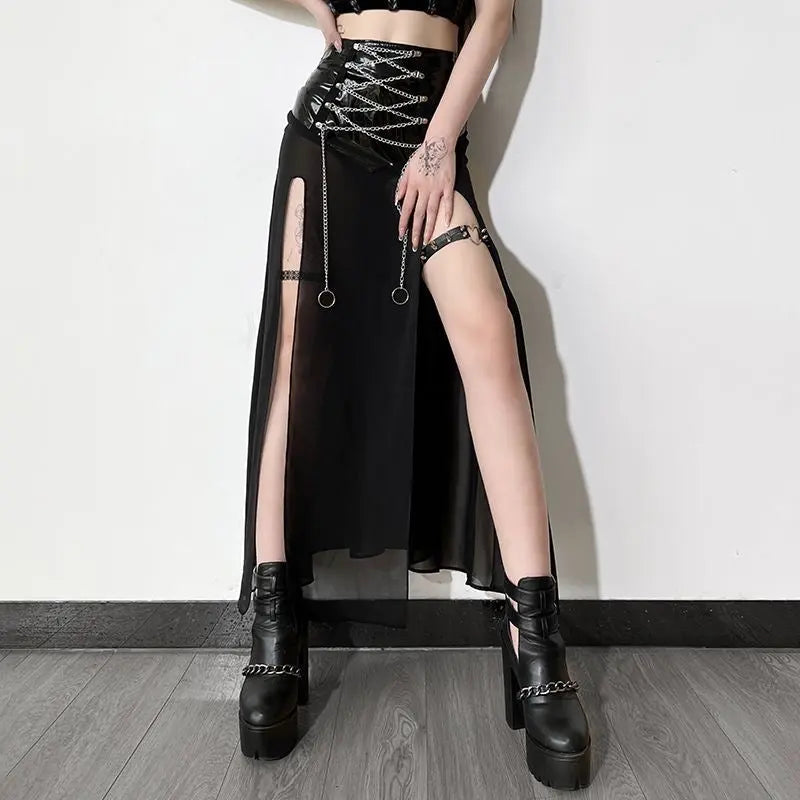 'Leap' Punk Metal Pu Leather Patchwork Midi Dress