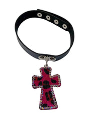 'Rebel Leopard' Print Rhinestone Cross Choker