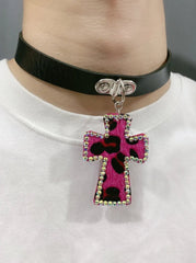 'Rebel Leopard' Print Rhinestone Cross Choker