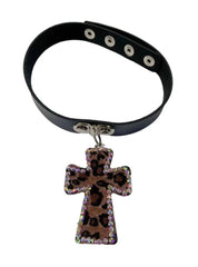 'Rebel Leopard' Print Rhinestone Cross Choker