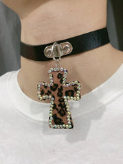 'Rebel Leopard' Print Rhinestone Cross Choker