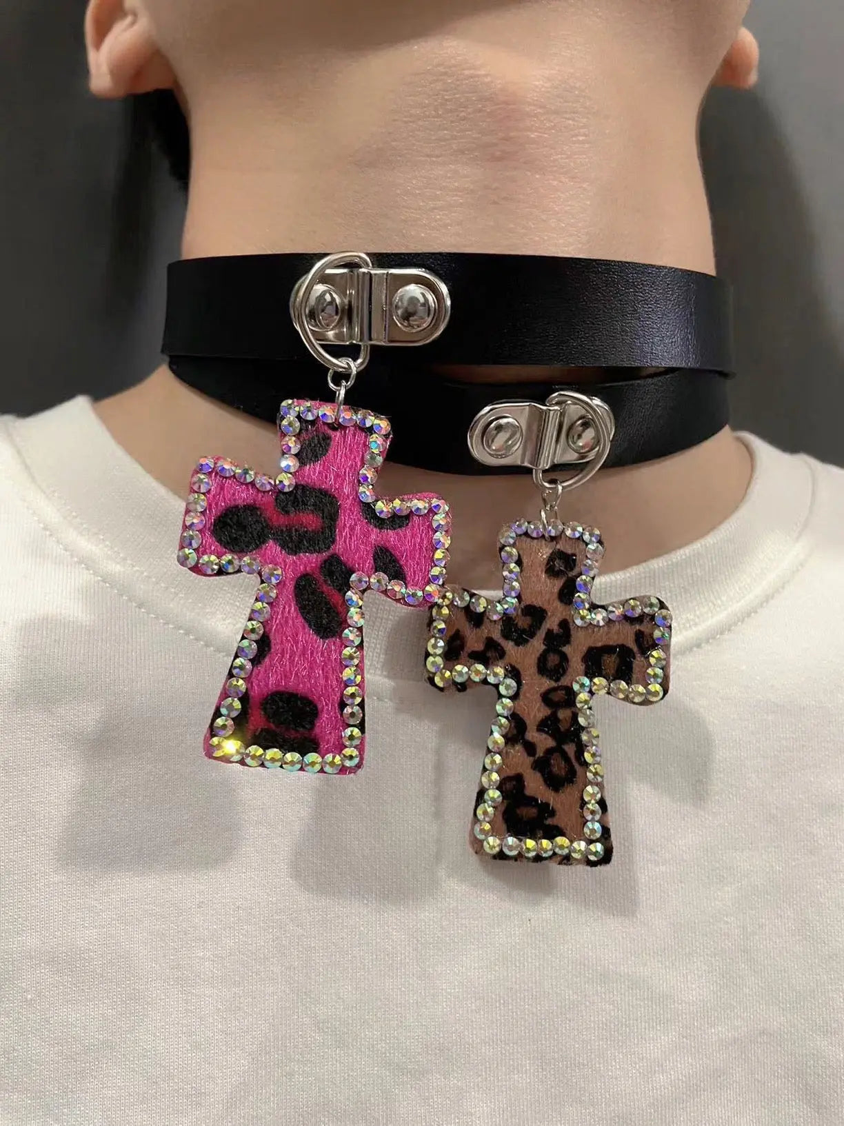 'Rebel Leopard' Print Rhinestone Cross Choker